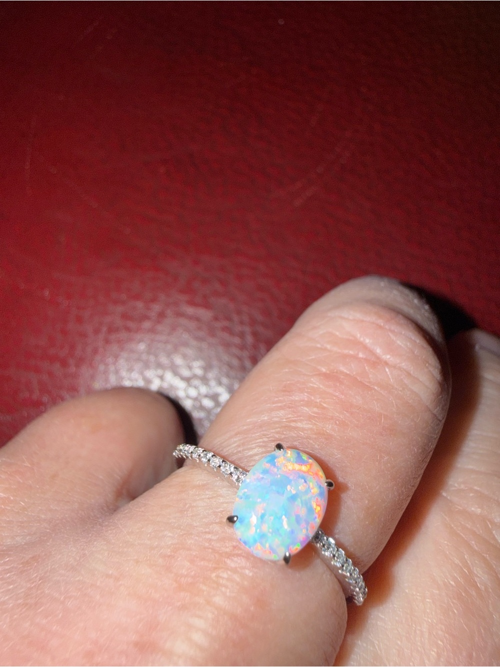 Opal Oval Halo Ring in Blue-White with Pavé Band size 9
